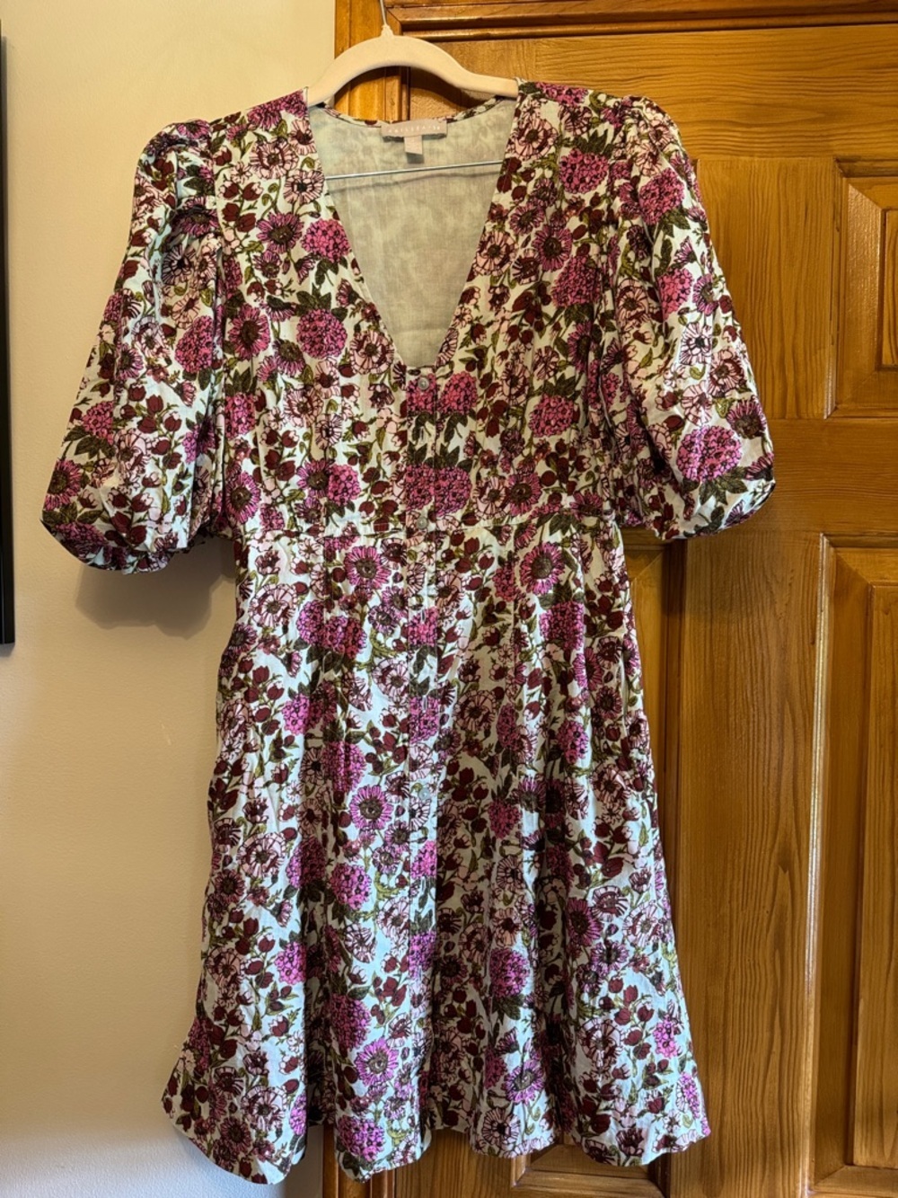 Chelsea 28 Floral Puff-Sleeve Mini Dress in Pink and Green NWT, sz S